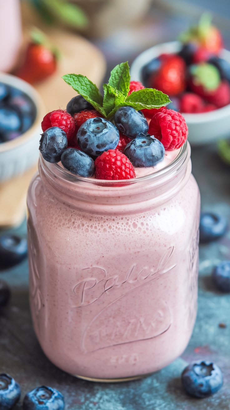 One of the best high protein smoothie recipes is the Berry Blast Protein Shake.  