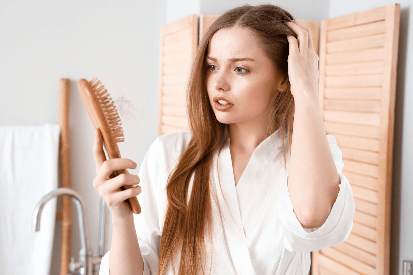 A woman with long brown hair in a white robe looks concerned as she holds a hairbrush filled with strands. Standing in her bathroom before wooden shutters, shes contemplating the best shampoos for women with thinning hair.
