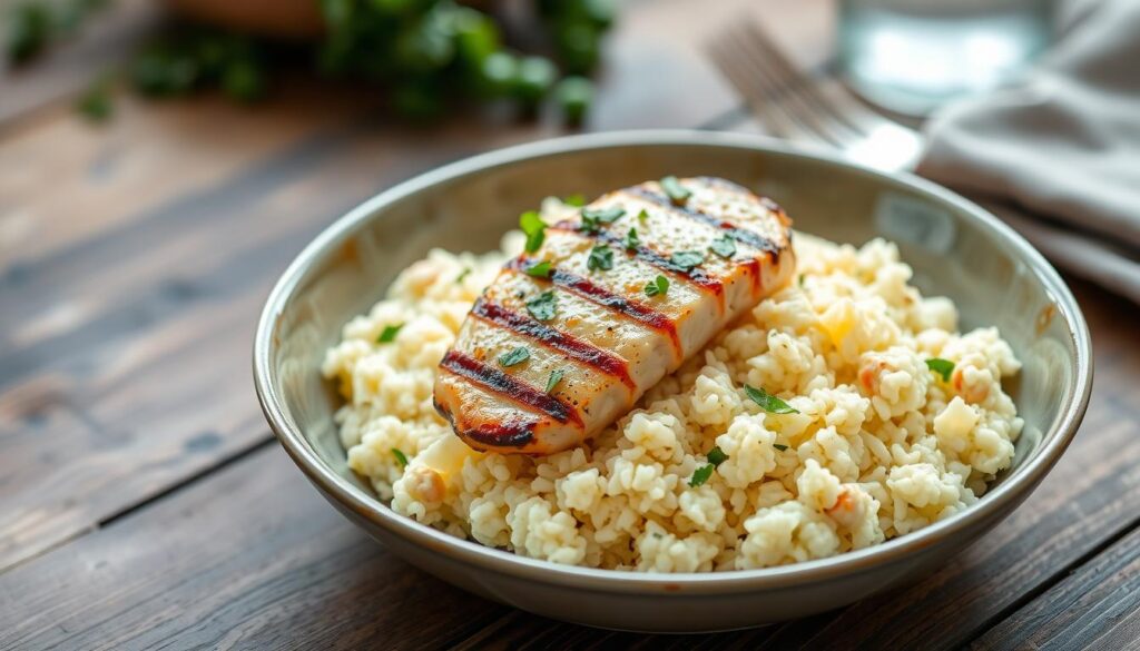 Cheesy Cauliflower Rice with Grilled Chicken