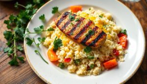 Cheesy Cauliflower Rice with Grilled Chicken