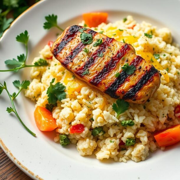 Cheesy Cauliflower Rice with Grilled Chicken