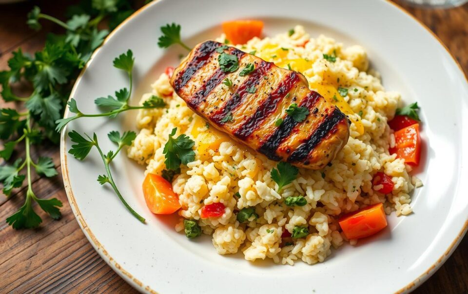 Cheesy Cauliflower Rice with Grilled Chicken