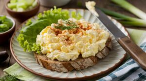 Plate with fresh sourdough bread and out Cottage Cheese Egg Salad on top.