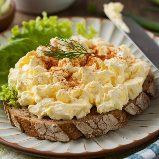 Plate with fresh sourdough bread and out Cottage Cheese Egg Salad on top.