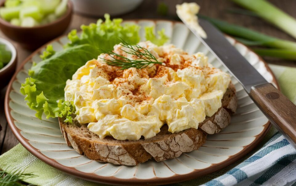 Plate with fresh sourdough bread and out Cottage Cheese Egg Salad on top.