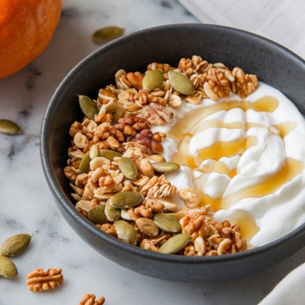 Close up of a bowl filled with our cottage cheese and pumpkin breakfast bowl recipe.