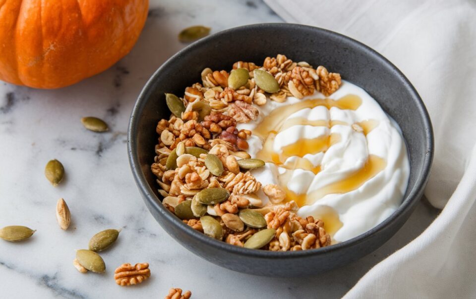 Close up of a bowl filled with our cottage cheese and pumpkin breakfast bowl recipe.