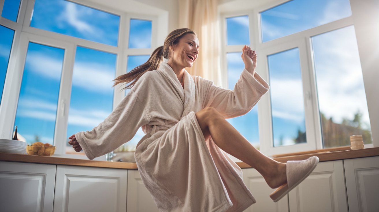 A woman in a beige bathrobe and slippers joyfully dances in a sunlit kitchen, finding her own stress relief strategies, highlighted by large windows showing a clear blue sky. She appears happy and relaxed in the bright, airy space.