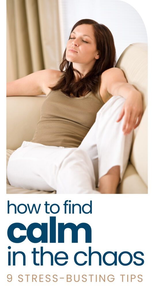 Woman relaxing on couch, focused on being calm and stress-free.