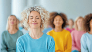 Group of women reducing their stress through mediation and mindfulness practices.