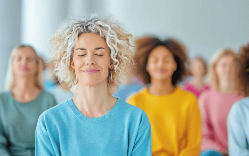 Group of women reducing their stress through mediation and mindfulness practices.