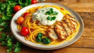 Spaghetti Squash Alfredo with Grilled Chicken