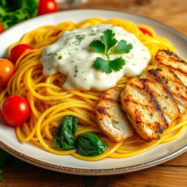 Spaghetti Squash Alfredo with Grilled Chicken