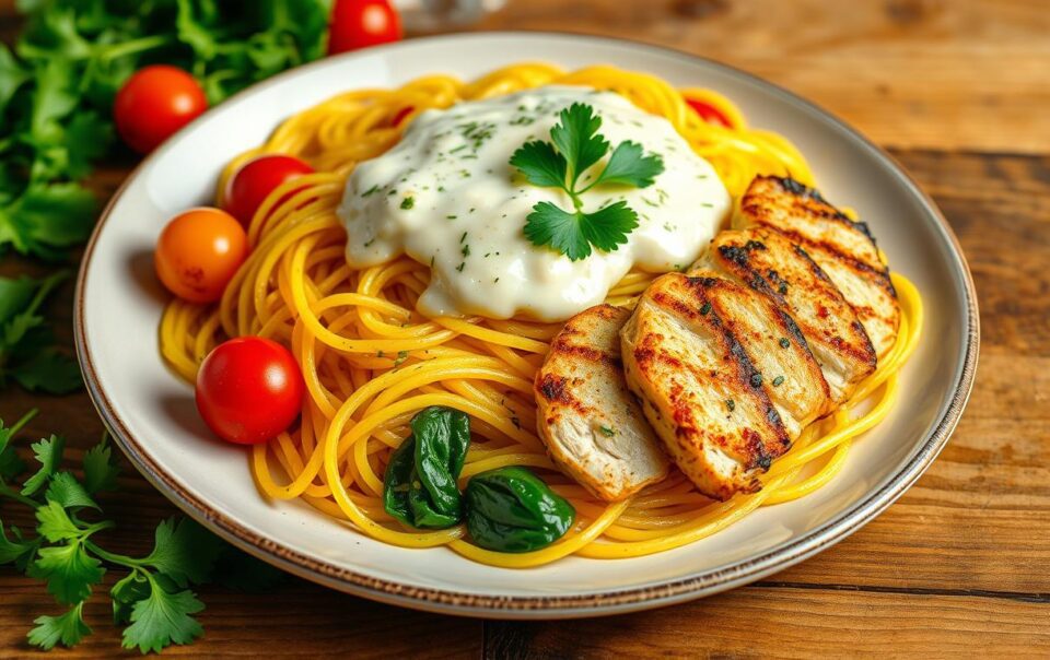 Spaghetti Squash Alfredo with Grilled Chicken