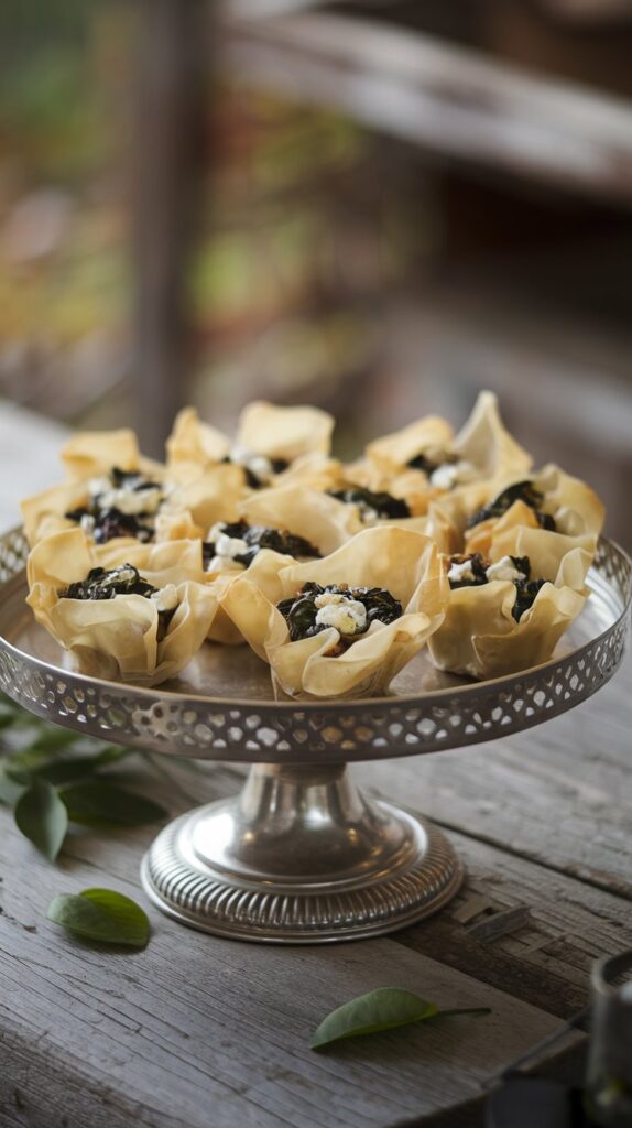 Spinach and Feta Phyllo Cups on a serving tray.