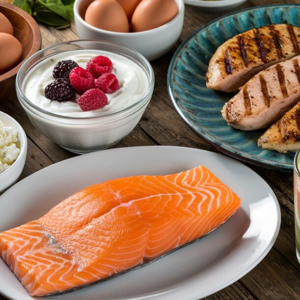 A table filled with healthy proteins to help maintain muscle mass in Semaglutide users.