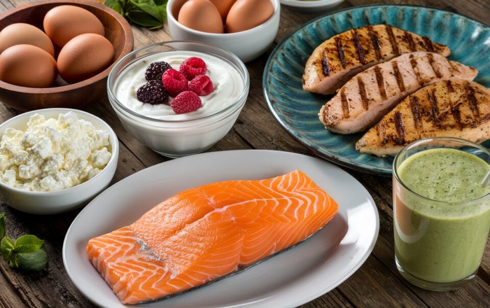 A table filled with healthy proteins to help maintain muscle mass in Semaglutide users.