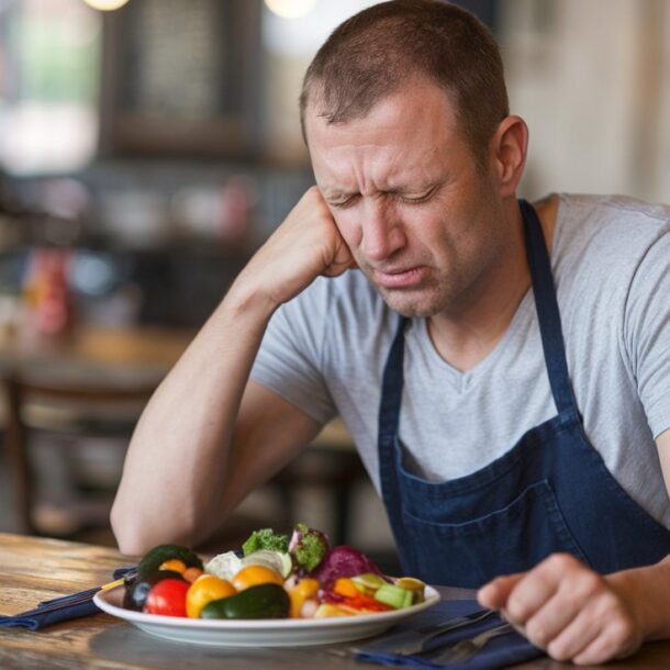 Man sitting at table in disgust looking at a plate of vegetables