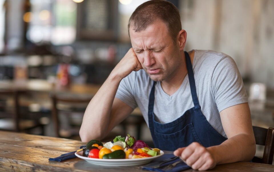 Man sitting at table in disgust looking at a plate of vegetables