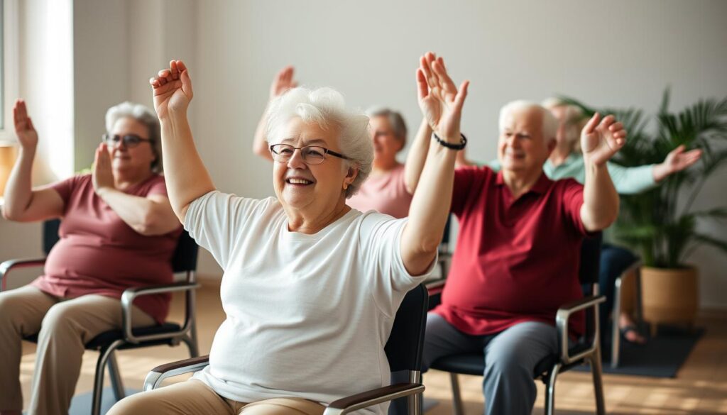 seniors doing chair yoga