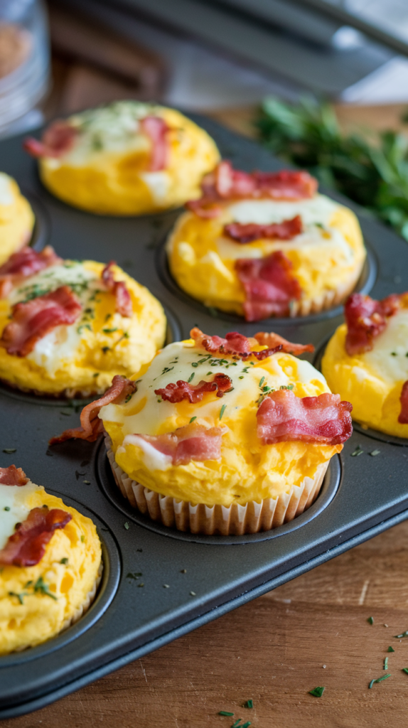 Keto-friendly bacon and egg muffins. High-protein, low-carb egg muffins packed with crispy bacon and cheddar cheese.