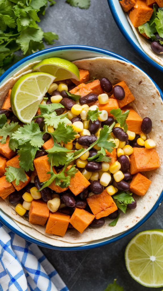 A vibrant burrito bowl with golden sweet potatoes, black beans, and corn, garnished with lime wedges and fresh cilantro.