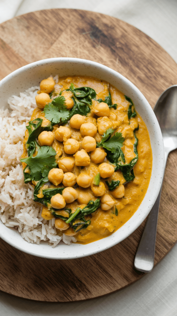 Chickpea and Spinach Curry - A bowl of vibrant, golden curry with chickpeas and bright green spinach, garnished with cilantro and served alongside fluffy rice.