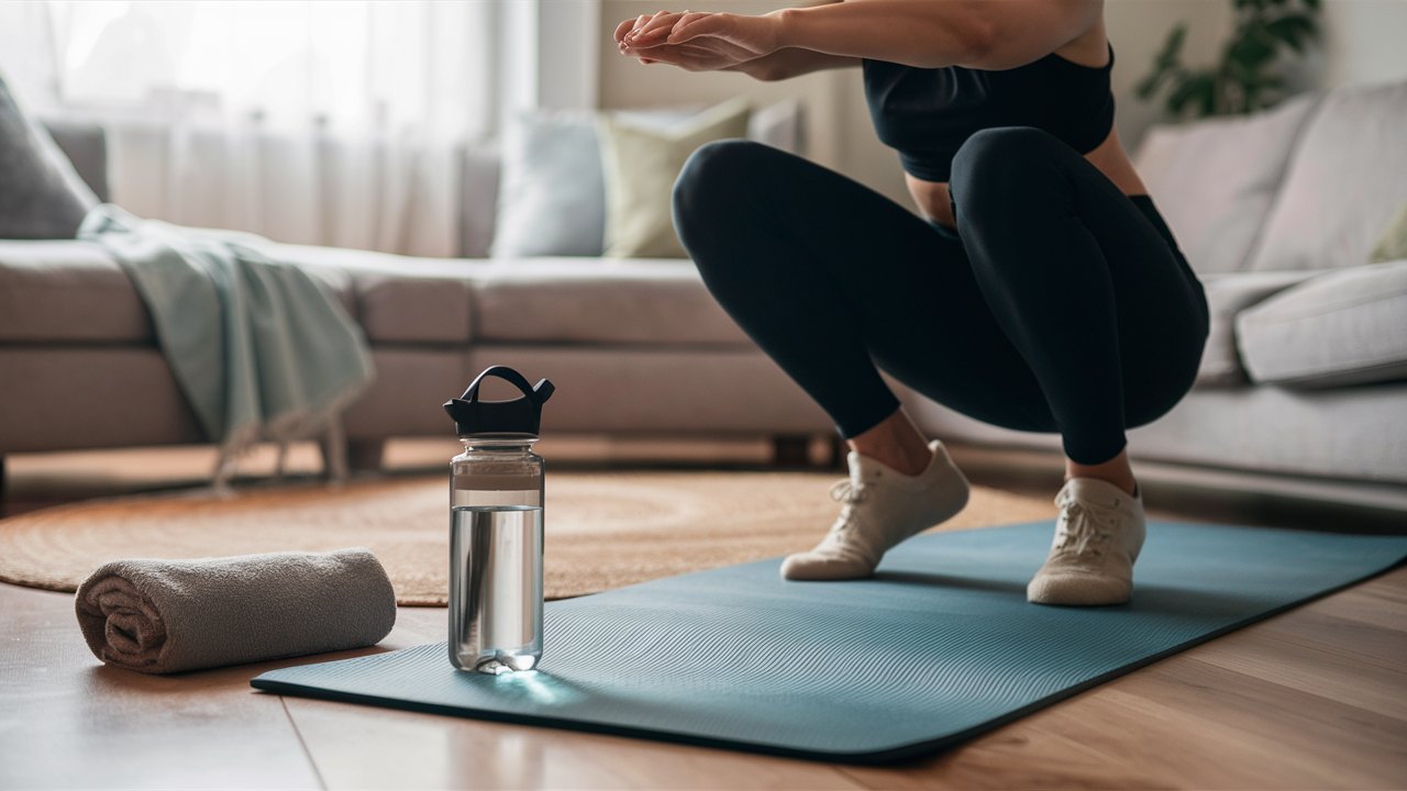 A person following a beginners workout plan is doing squats on a blue exercise mat in the softly lit living room. Nearby, a rolled-up towel and water bottle rest on the mat, with a couch and window providing a calm backdrop.