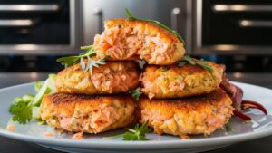 Air-Fried Salmon Patties stacked on a platter