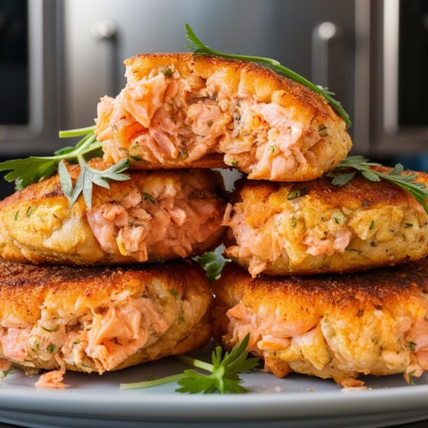 Air-Fried Salmon Patties stacked on a platter