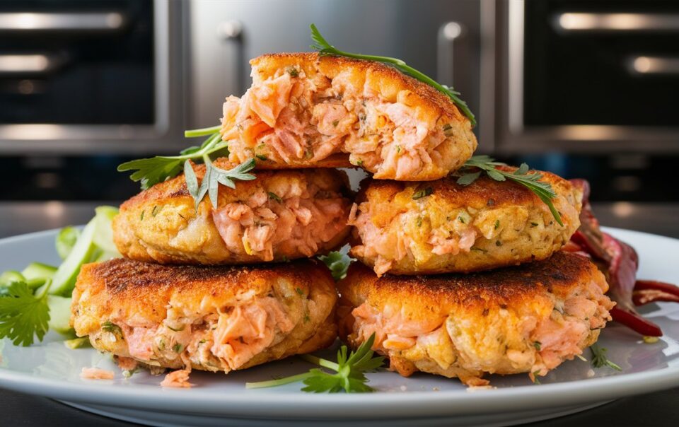 Air-Fried Salmon Patties stacked on a platter