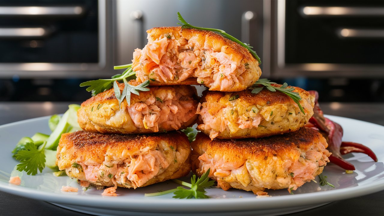 Air-Fried Salmon Patties stacked on a platter