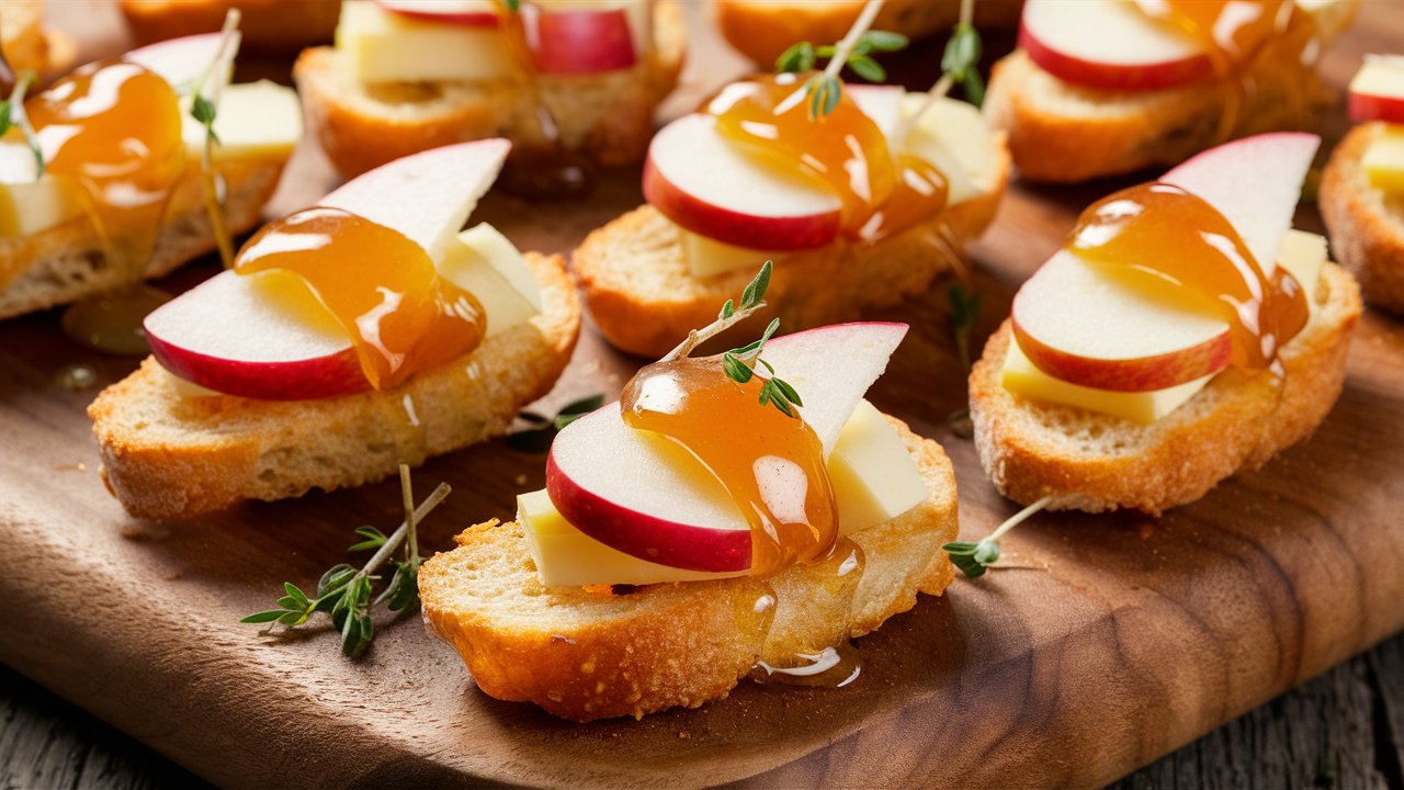 Apple and Cheddar Crostini Appetizer: Sliced baguette topped with cheese, crisp apple slices, and drizzled honey, garnished with fresh thyme sprigs—all beautifully arranged on a wooden board.