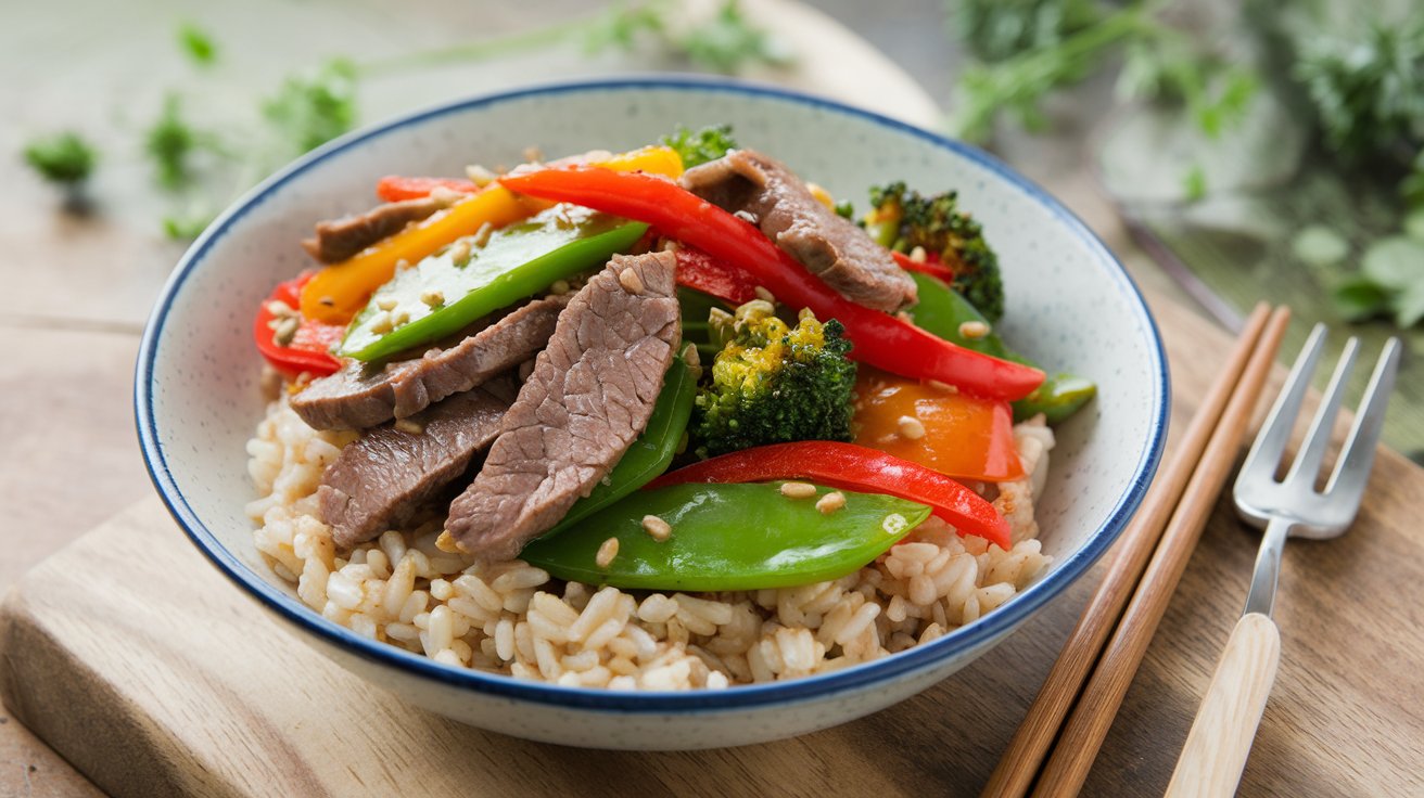 The Beef and Veggie Stir-Fry Bowl features stir-fried beef with vibrant red and yellow bell peppers, broccoli, and snap peas over brown rice. Garnished with sesame seeds, its elegantly placed on a wooden board, accompanied by chopsticks for a complete dining experience.