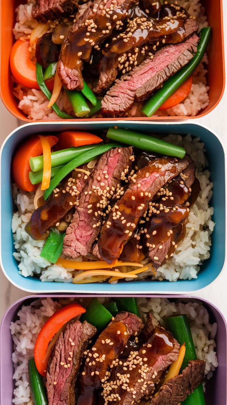 Tender beef strips, crisp veggies, and a glossy soy sauce glaze, sitting on a bed of fluffy rice. This stir fry recipe is being stored in three separate but colorful lunch containers so it can be eaten later.