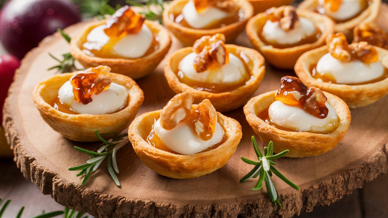 Mini tarts, aptly named Honey Walnut Brie Bites, are filled with creamy cheese, topped with walnuts and a drizzle of honey. They rest elegantly on a wooden platter, garnished with rosemary sprigs.