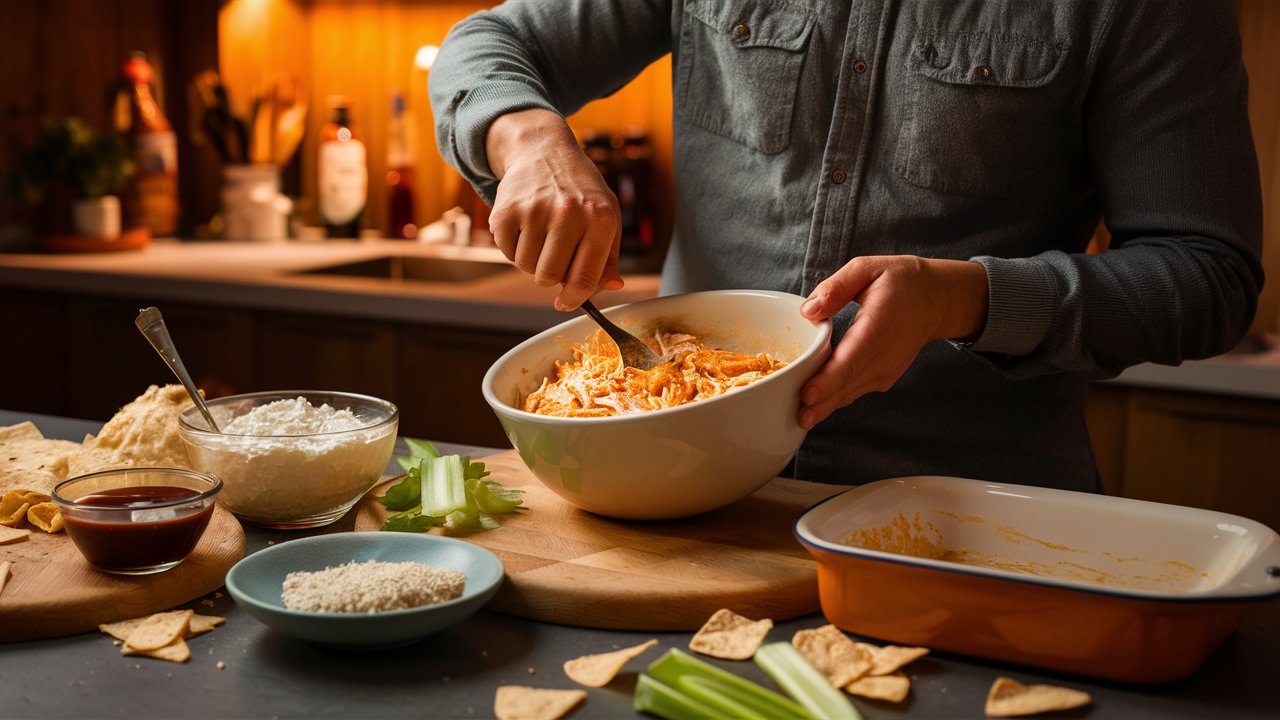 A person in a denim shirt mixes ingredients in a bowl on the kitchen counter, crafting a zesty Buffalo Chicken Cottage Cheese Dip. Nearby are bowls of cheese, sauce, and breadcrumbs, with celery sticks and tortilla chips scattered around. The background shows a dimly lit kitchen.