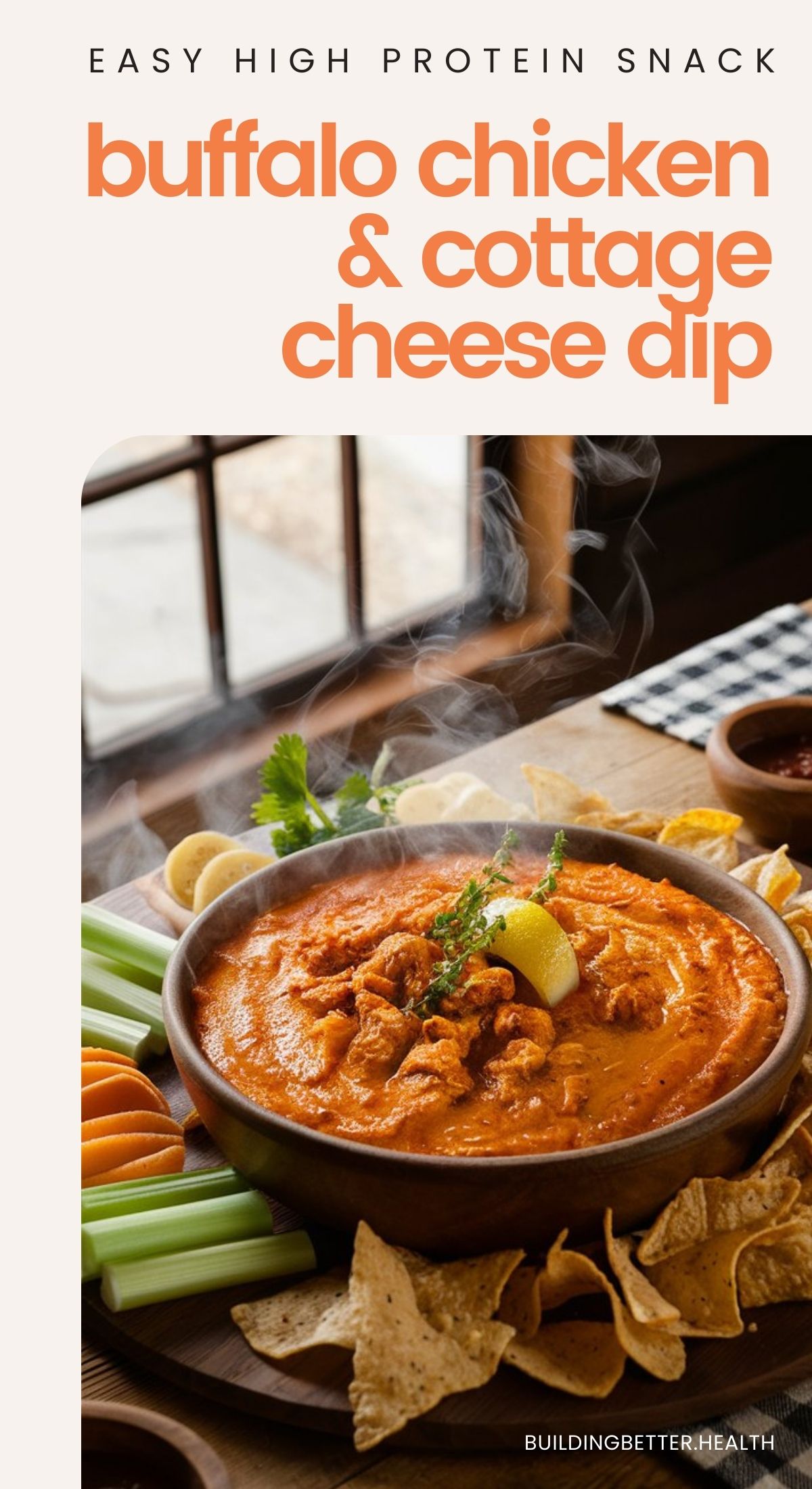 Craving a game-day snack that's both creamy and spicy? This Buffalo Chicken Dip with Cottage Cheese checks all the boxes. Imagine a dip that's rich and tangy with a kick of heat, perfect for your next gathering or cozy night in. Whether you’re hosting a party or just want something to enjoy while binge-watching your favorite show, this dish is sure to be a hit.

Warm dips, chip dips, easy appetizers, football party food, party snack ideas, buffalo chicken dip recipe, high protein snacks