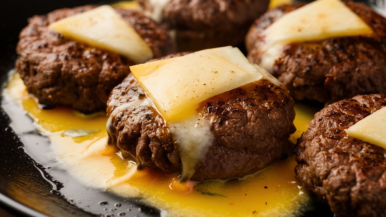 Close-up of several Carnivore Burger Patties topped with melting cheese slices in a pan. The dark patties are juicy, with cheese slightly melting over them, all surrounded by a rich, golden buttery sauce. The surface of the pan is black.