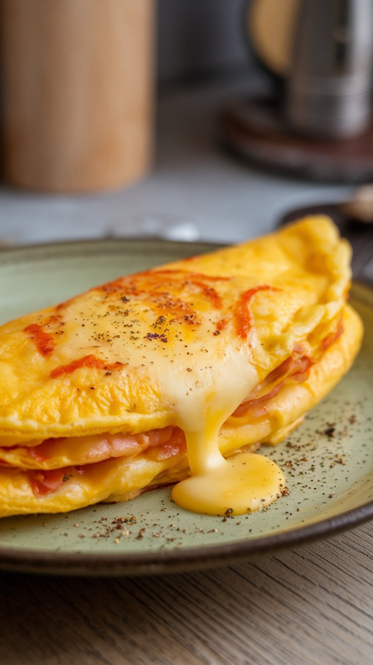 A golden omelette folded neatly with gooey cheese oozing from the center, sitting on a plate garnished with cracked black pepper. It's an easy Carnivore Diet breakfast recipe.