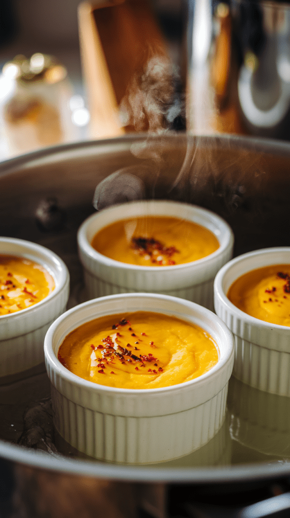 Ramekins of golden custard resting in a shallow water bath, with delicate steam rising from the dish. The custard surface glistens under warm kitchen lights.