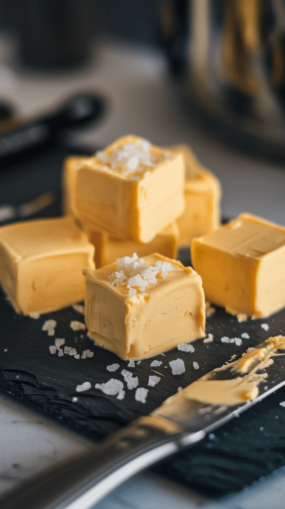 Small, golden cubes of butter resting on a slate board, with one cube slightly melting under warm light. Flaky sea salt glistens on top, and a knife with butter residue lies nearby.