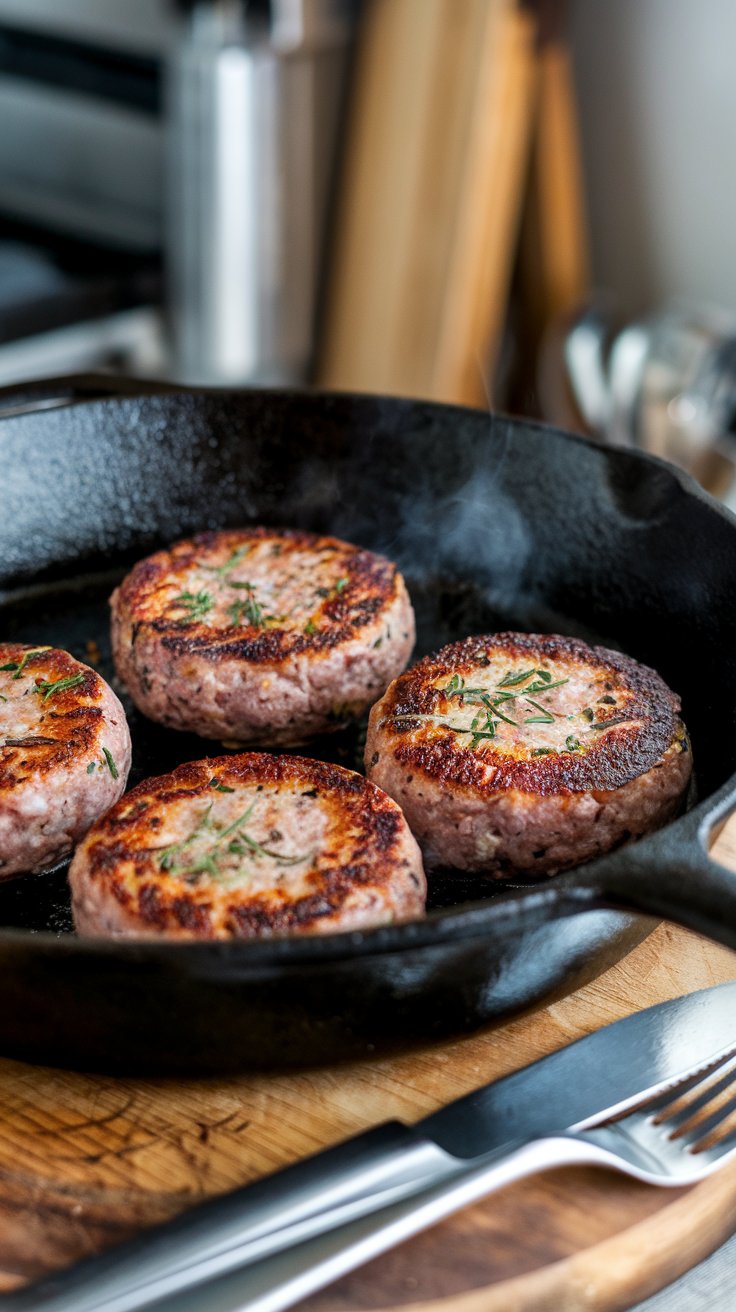 Perfectly seared sausage patties sizzling in a cast-iron skillet, with golden edges and aromatic herbs visible.