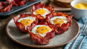 These bacon and egg cups are the ultimate grab-and-go carnivore breakfast. By using a muffin tin, Crispy bacon holds perfectly cooked eggs, delivering a satisfying, high-protein bite. The end result is Golden bacon cups filled with perfectly cooked eggs, with a hint of melted cheese on top. Arranged neatly on a rustic plate, ready to serve.