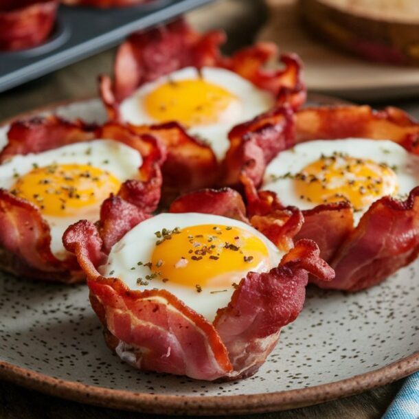 These bacon and egg cups are the ultimate grab-and-go carnivore breakfast. By using a muffin tin, Crispy bacon holds perfectly cooked eggs, delivering a satisfying, high-protein bite. The end result is Golden bacon cups filled with perfectly cooked eggs, with a hint of melted cheese on top. Arranged neatly on a rustic plate, ready to serve.