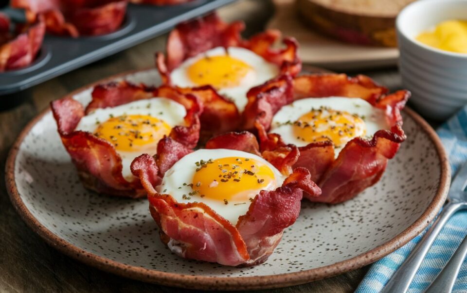 These bacon and egg cups are the ultimate grab-and-go carnivore breakfast. By using a muffin tin, Crispy bacon holds perfectly cooked eggs, delivering a satisfying, high-protein bite. The end result is Golden bacon cups filled with perfectly cooked eggs, with a hint of melted cheese on top. Arranged neatly on a rustic plate, ready to serve.