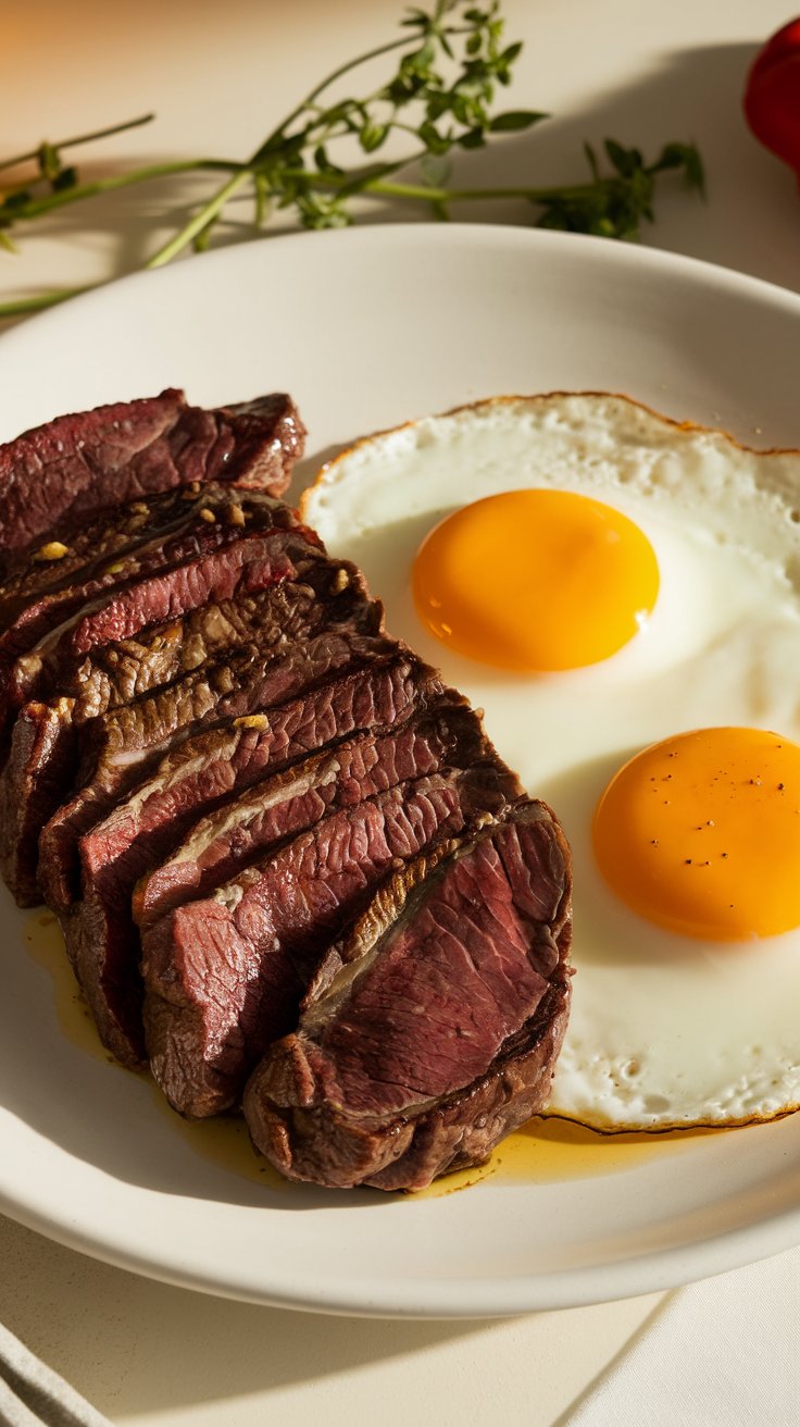 Mix things up when you are on the Carnivore Diet. Rich, seared beef liver plated next to sunny-side-up eggs, served on a white dish with a drizzle of butter on top.