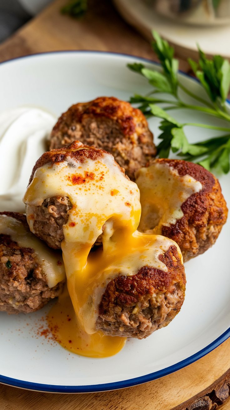 A plate of golden-brown meatballs with melted cheddar oozing from the center, with a little cayenne dusting the edges. Perfect Carnivore Meatball breakfast recipe!