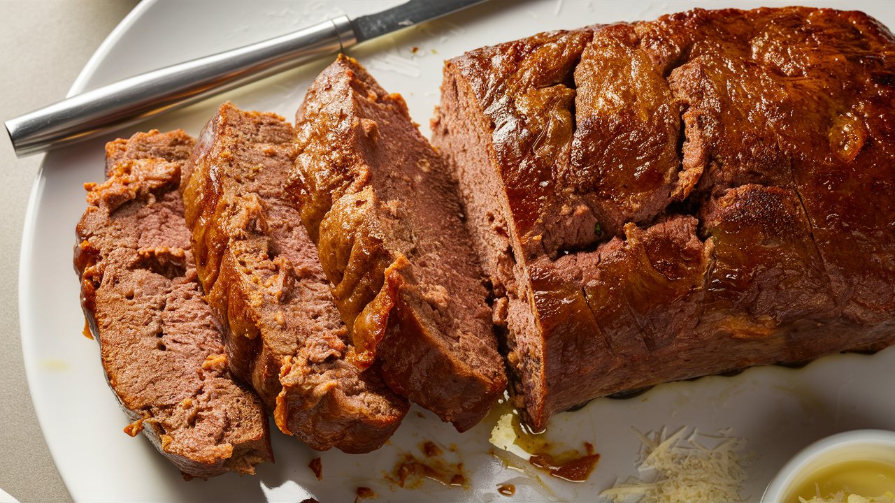 A sliced Carnivore Meatloaf sits on a white plate, showcasing its juicy, browned exterior. A few slices are cut, revealing a moist, textured interior. A knife rests nearby alongside a small pile of grated cheese.
