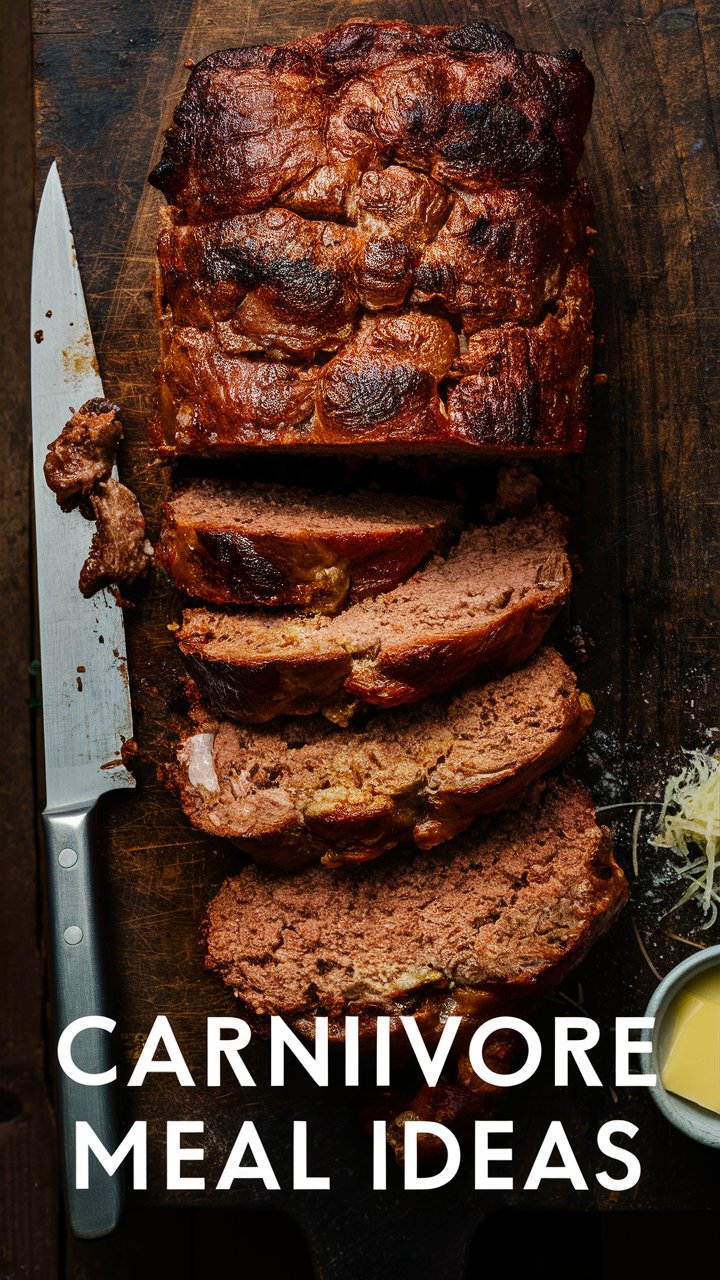 Carnivore Meatloaf on a wood cutting board. This Protein-Packed, Easy Recipe is perfect for the Carnivore Diet - especially if you're a beginner.